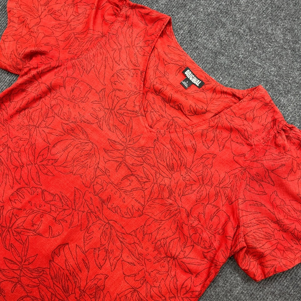Nicole Miller‎ Original Linen Blend Dress Red Botanical Leaf Print Size L Boho